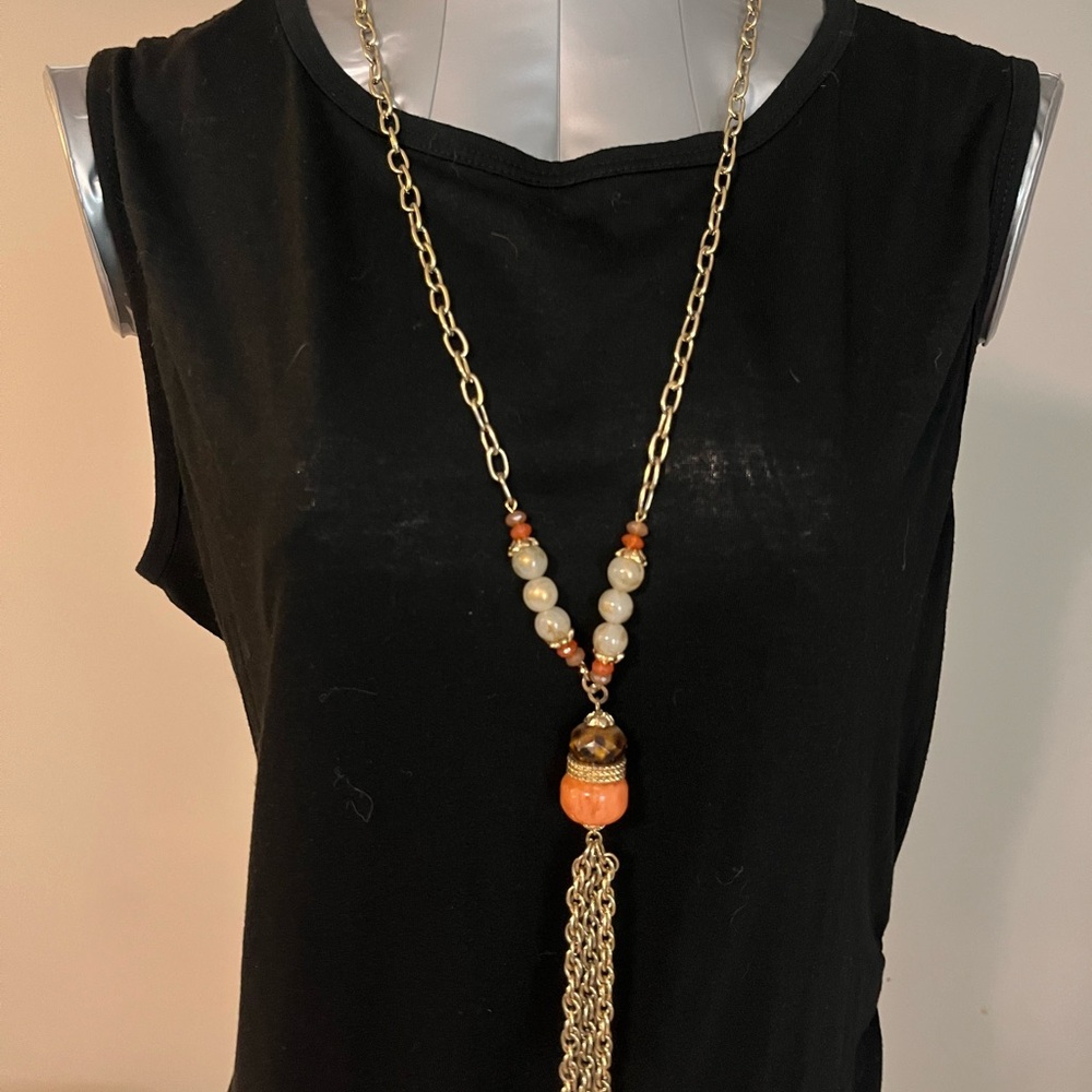 Gold Chain Tassel Necklace with Coral and Cream Beads